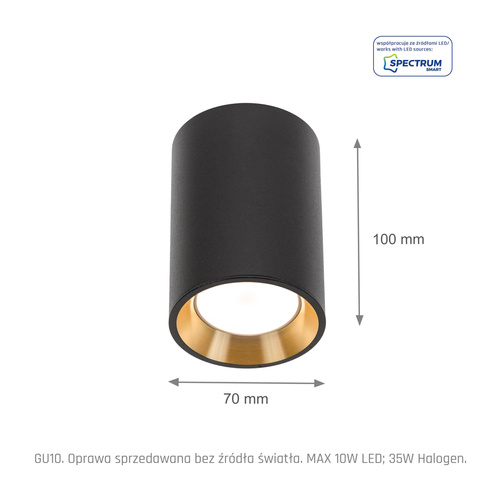 Oprawa Natynkowa Tuba Chloe Mini GU10 250V IP20 Czarny, Środek Złoty Okrągła SpectrumLED SLIP005016