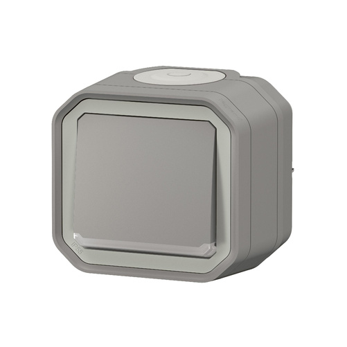 Nowe Plexo - Łącznik schodowy ze wskaźnikiem, komplet natynkowy 10AX-250V~ - szary - Legrand 069712L