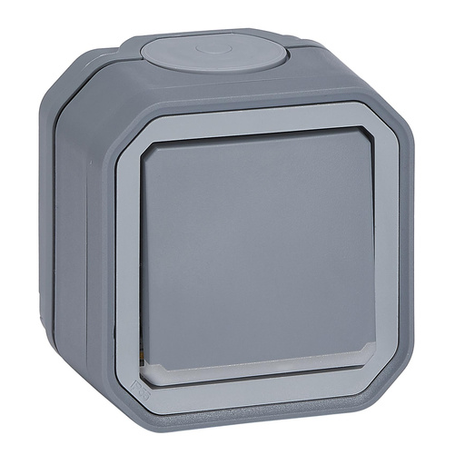 Nowe Plexo - Łącznik dwubiegunowy ze wskaźnikiem, komplet natynkowy 10AX-250V~ - szary - Legrand 069726L