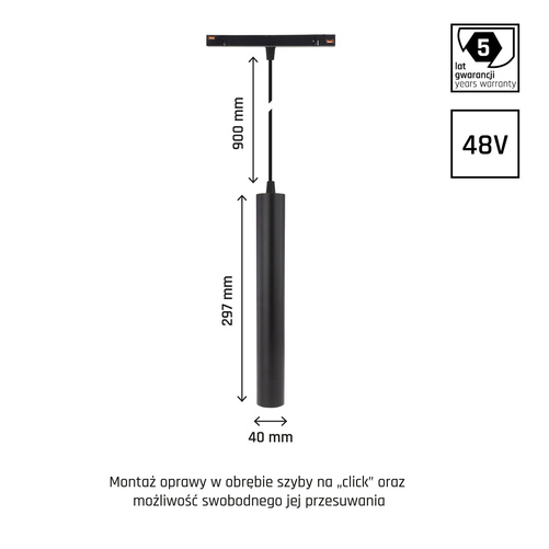SYSTEM SHIFT - HANGIT oprawa zwis na szynop. 40x297 (935mm kabel) 12W 25st czarny 5 lat gw. DALI