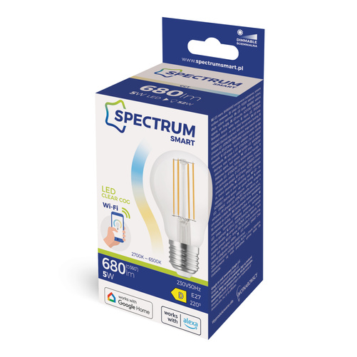 LED GLS 5W E-27 COG 230V CCT+DIM CLEAR Wi-Fi Spectrum SMART