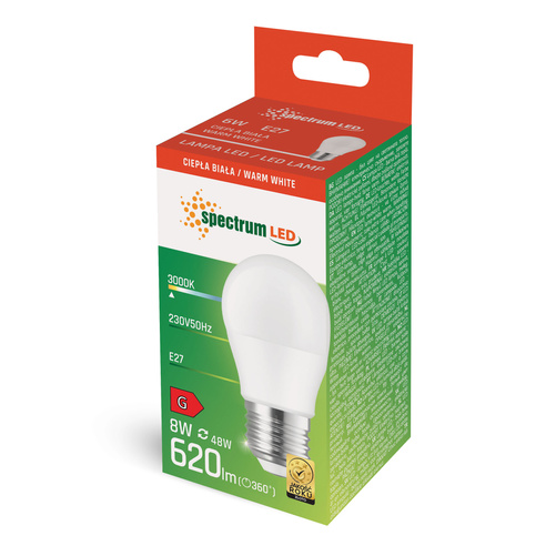 Żarówka LED KULKA  E-27 230V 8W Barwa Ciepła SpectrumLED WOJ+14218