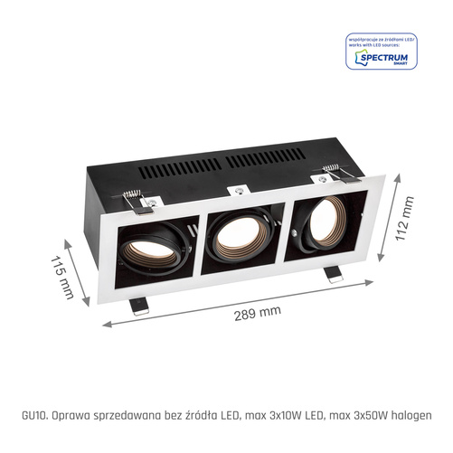 Oprawa Sufitowa Podtynkowa MODERN DAY MINI GU10 X 3 GU10 250V IP20 Biała z Czarnym Środkiem SpectrumLED SLIP002013
