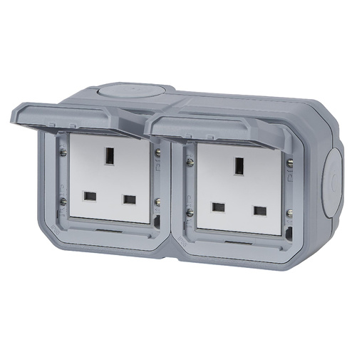 Nowe Plexo - Gniazdo standard brytyjski 2x2P+Z zaciski śrubowe, komplet natynkowy 13A-250V~ - szare - Legrand 069739L