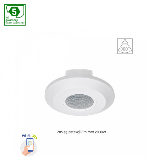 Czujnik ruchu PIR 360st 2kW 8m 1-10V n/t IP20 230V Wi-Fi/BT Spectrum SMART