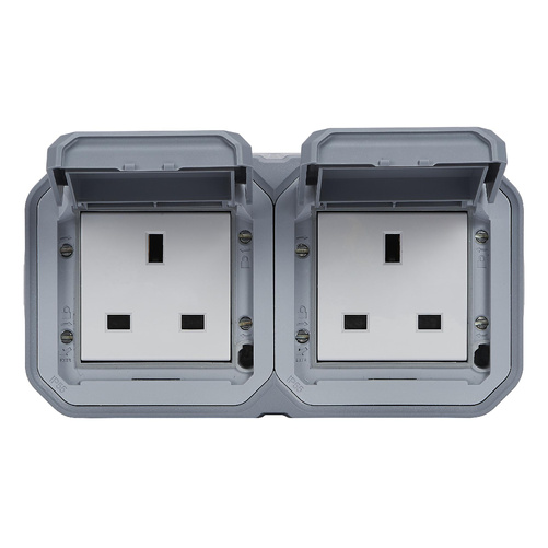 Nowe Plexo - Gniazdo standard brytyjski 2x2P+Z zaciski śrubowe, komplet natynkowy 13A-250V~ - szare - Legrand 069739L