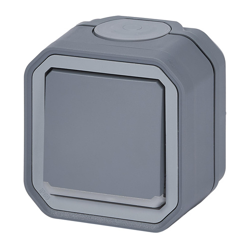 Nowe Plexo - Łącznik dwubiegunowy ze wskaźnikiem, komplet natynkowy 10AX-250V~ - szary - Legrand 069726L