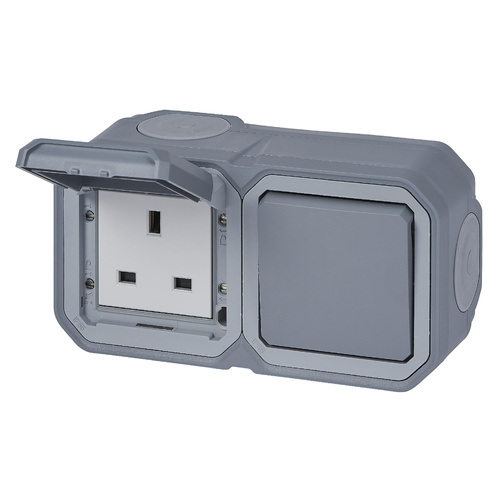 Nowe Plexo - Gniazdo standard brytyjski 2P+Z + łącznik schodowy, komplet natynkowy 16A- 250V~ - szare - Legrand 069750L