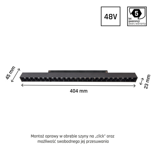 SYSTEM SHIFT - GRID L oprawa na szynoprzewód 404x23x42mm 22W 35st czarny 5 lat gw. 2 obwody