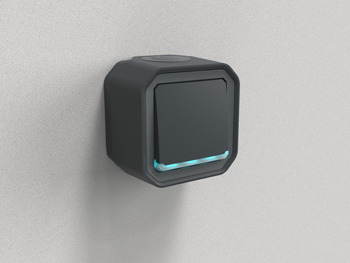 Nowe Plexo - Łącznik schodowy z podświetleniem, komplet natynkowy 10AX-250V~ - antracyt - Legrand 069736L