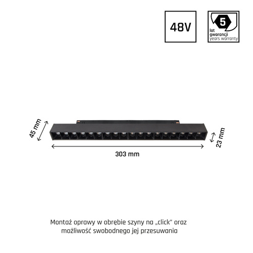 SYSTEM SHIFT - GRID M oprawa na szynoprzewód 303x23x42mm 17W 35st czarny 5 lat gw. 2 obwody