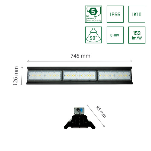 HALLS LINE HIGH BAY 150W NW 230V 75X140ST IP66 IK10 745X126X95MM CZARNY 5 LAT GW. 0-10V