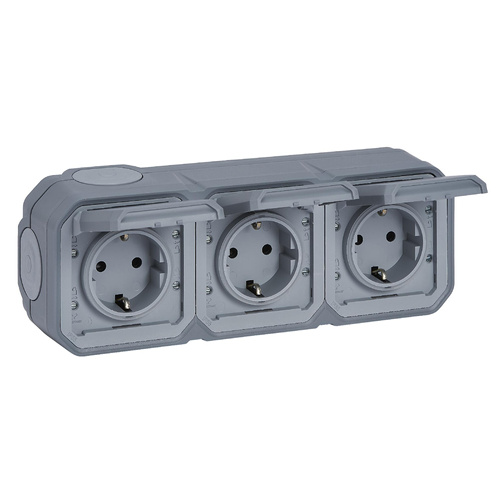 Nowe Plexo - Gniazdo Schuko 3x2P+Z poziome, komplet natynkowy 16A-250V~ - szare - Legrand 069743L
