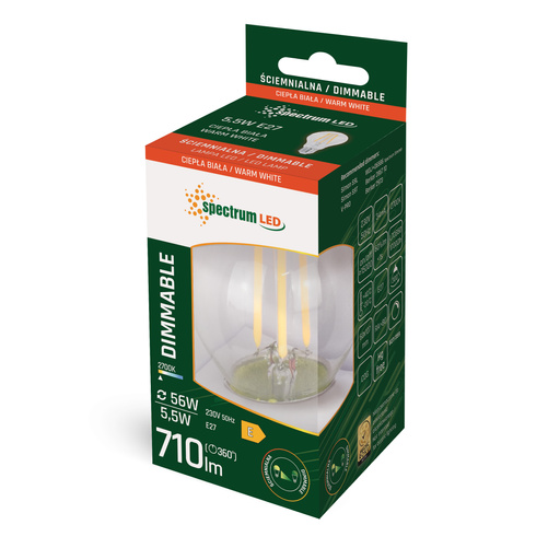 LED GLS E-27 230V 5.5W COG WW CLEAR DIMMABLE SPECTRUM