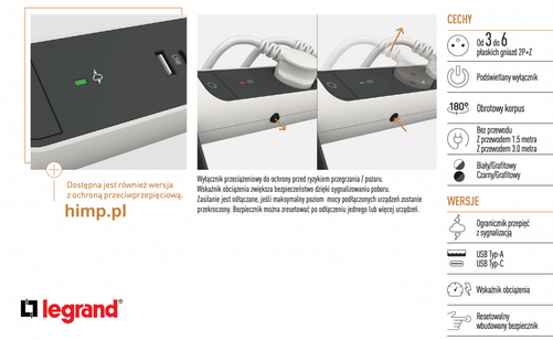 Przedłużacz obrotowy 4X2P+Z listwa przepięciowa, włącznik +przewód 3m, Biały/Grafit Legrand 049415