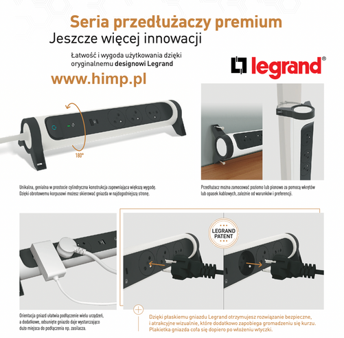 Przedłużacz obrotowy 4X2P+Z listwa przepięciowa, włącznik +przewód 3m, Biały/Grafit Legrand 049415